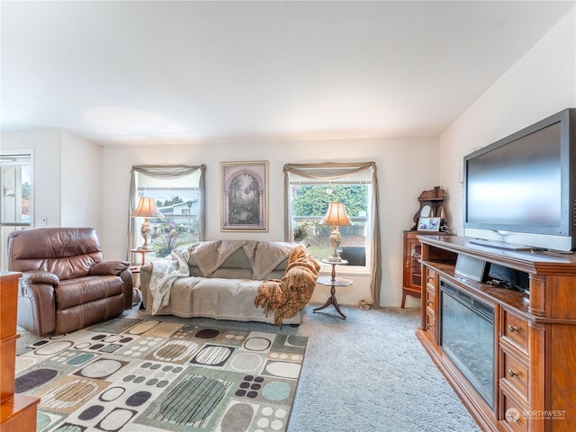 living room featuring light carpet