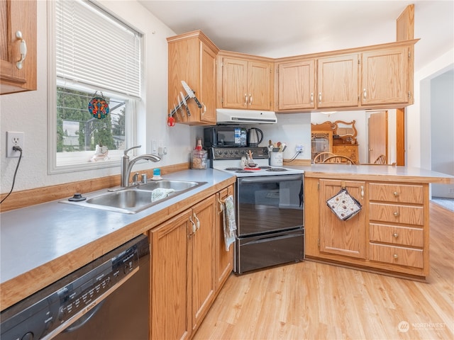 kitchen with range with electric stovetop, light hardwood / wood-style floors, kitchen peninsula, black dishwasher, and sink