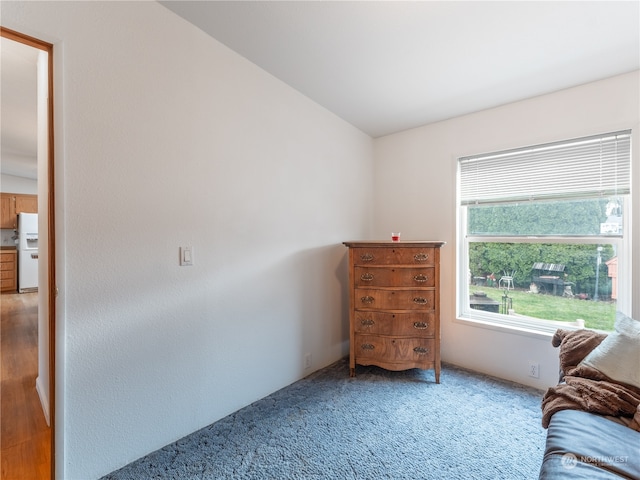 living area with vaulted ceiling and carpet floors