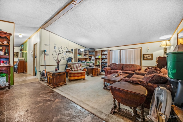 carpeted living room with ornamental molding, a textured ceiling, and vaulted ceiling