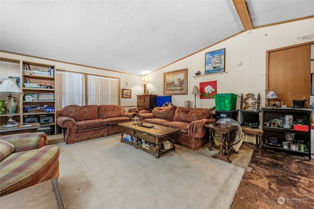 living room with carpet, lofted ceiling with beams, and a textured ceiling