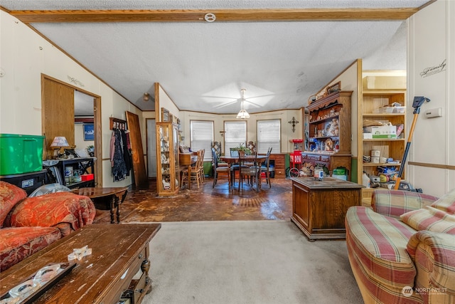 interior space featuring lofted ceiling, carpet floors, and a textured ceiling