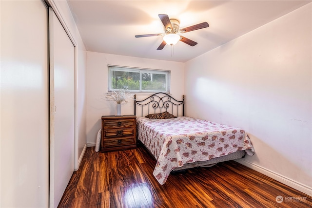 bedroom featuring dark hardwood / wood-style floors, ceiling fan, and a closet