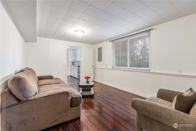 living room with electric panel and dark hardwood / wood-style flooring