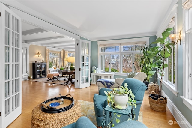 sunroom with radiator, french doors, and plenty of natural light