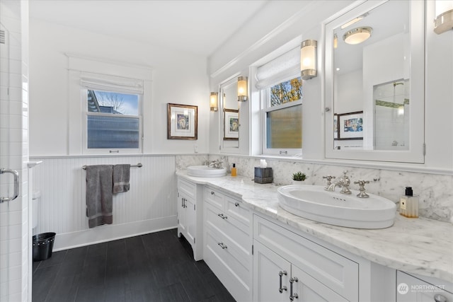 bathroom featuring vanity and walk in shower