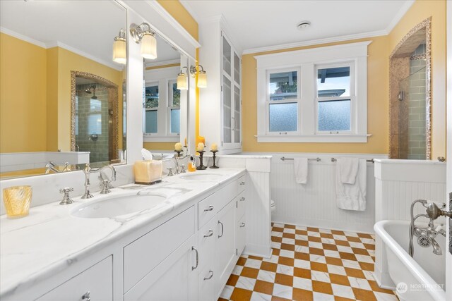 full bathroom with crown molding, vanity, independent shower and bath, and toilet