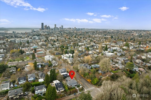 bird's eye view with a water view