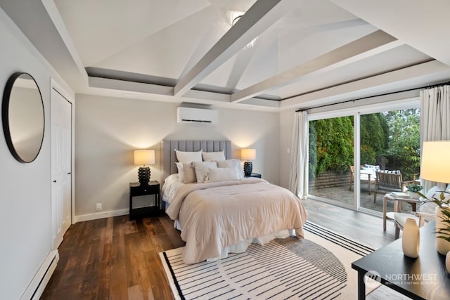 bedroom with beam ceiling, access to exterior, a baseboard radiator, dark hardwood / wood-style flooring, and a wall unit AC