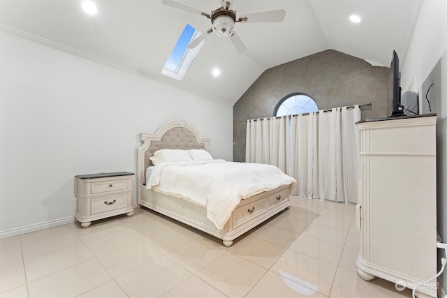 bedroom with vaulted ceiling, ceiling fan, crown molding, and light tile patterned flooring