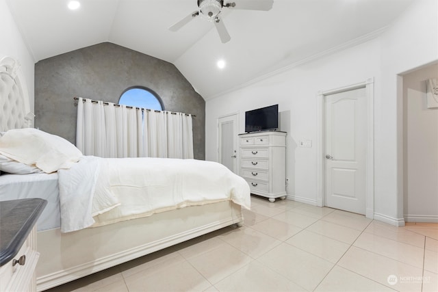 bedroom featuring light tile patterned floors, ceiling fan, and lofted ceiling