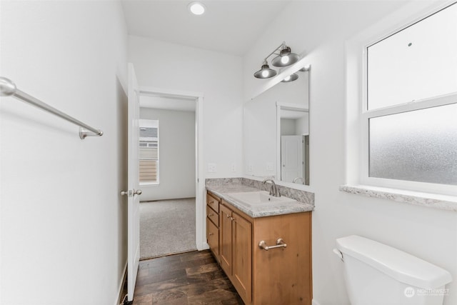 bathroom featuring hardwood / wood-style floors, vanity, and toilet