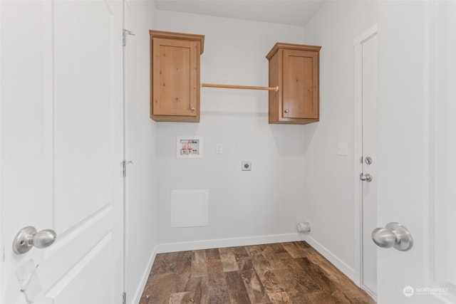 clothes washing area with hookup for a washing machine, cabinets, dark hardwood / wood-style floors, and hookup for an electric dryer