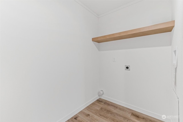 laundry area featuring hookup for an electric dryer, light wood-type flooring, and crown molding