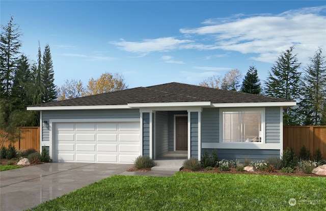 ranch-style home featuring a front yard and a garage