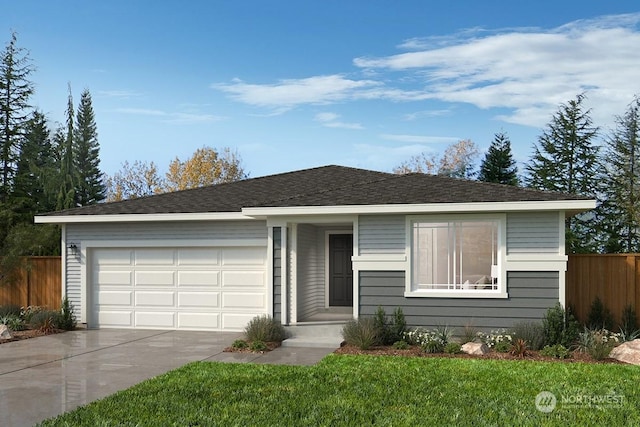 ranch-style home featuring a garage and a front lawn