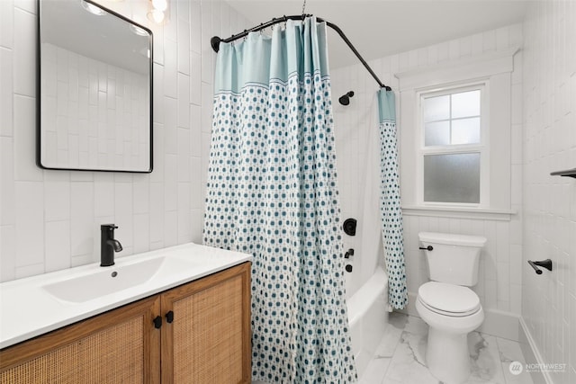 full bathroom featuring vanity, toilet, tile walls, and shower / tub combo with curtain