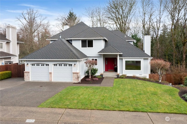 view of property featuring a front lawn and a garage