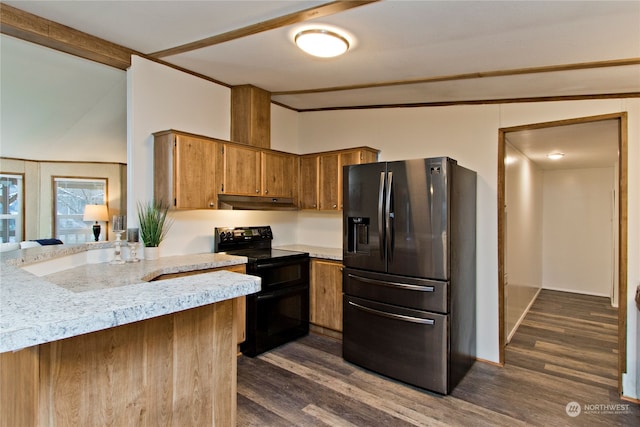 kitchen with black range with electric stovetop, vaulted ceiling with beams, dark hardwood / wood-style floors, stainless steel refrigerator with ice dispenser, and kitchen peninsula