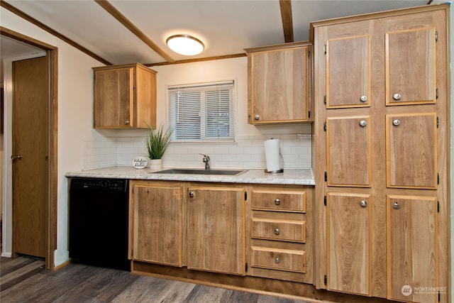 kitchen with dishwasher, decorative backsplash, sink, and dark wood-type flooring