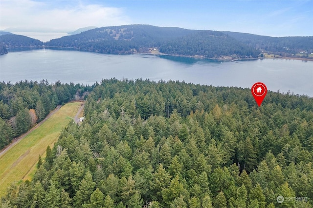 bird's eye view with a water and mountain view