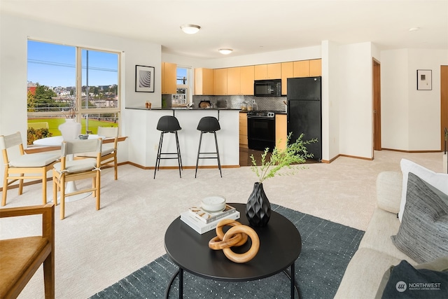 living room featuring light colored carpet