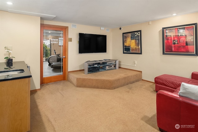 carpeted living room with sink