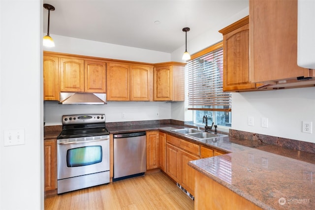 2606 Peach Ct Unit B, Port Angeles, WA 98363 - kitchen with appliances with stainless steel finishes, under cabinet range hood, a sink, and decorative light fixtures
