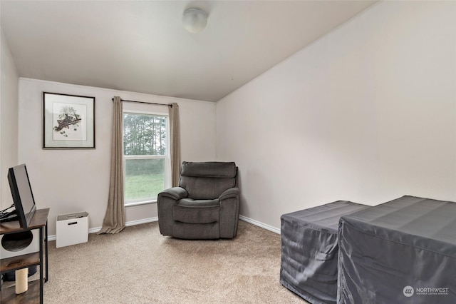 sitting room featuring carpet flooring, vaulted ceiling, and billiards