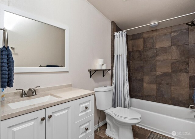 full bathroom with tile patterned floors, vanity, toilet, and shower / tub combo with curtain