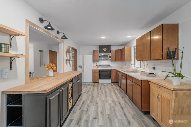 kitchen with stainless steel appliances, butcher block countertops, a sink, backsplash, and open shelves