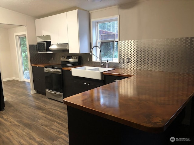 kitchen with backsplash, white cabinets, sink, dark hardwood / wood-style floors, and stainless steel electric range oven