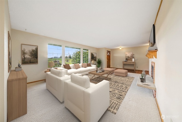 carpeted living room featuring a brick fireplace