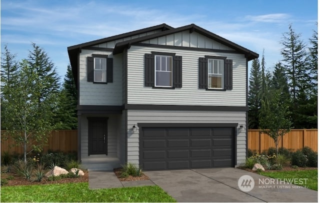 view of front of house featuring board and batten siding, concrete driveway, fence, and an attached garage