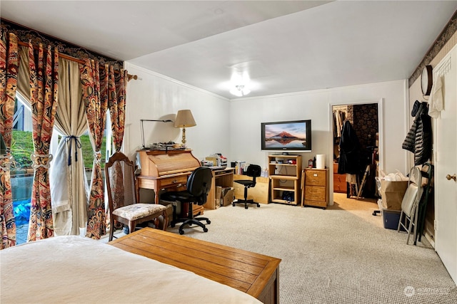 bedroom featuring light colored carpet and ornamental molding