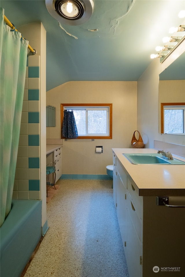 full bathroom featuring vanity, shower / bath combination with curtain, and toilet