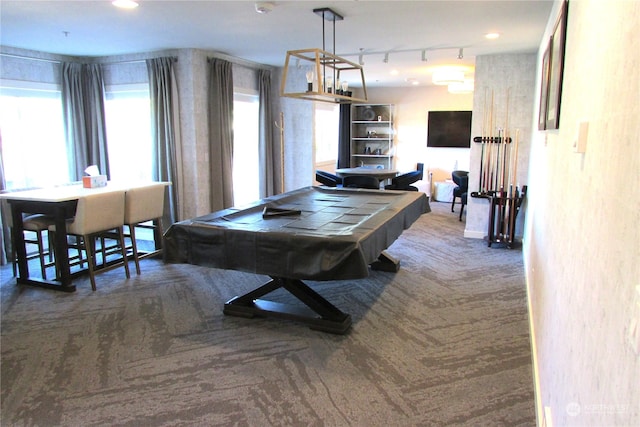 recreation room with carpet flooring, rail lighting, and pool table