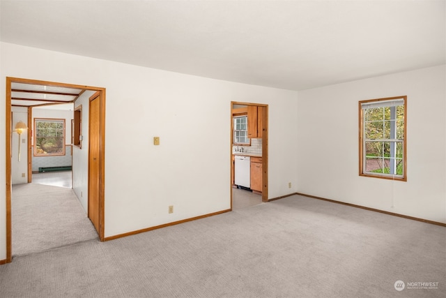 spare room featuring light colored carpet and baseboard heating