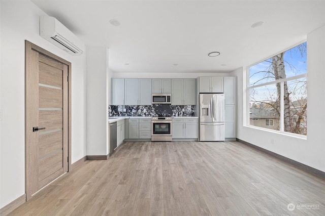 kitchen featuring gray cabinetry, a wall mounted air conditioner, light hardwood / wood-style flooring, backsplash, and appliances with stainless steel finishes