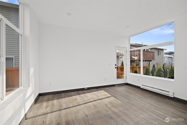 empty room featuring hardwood / wood-style flooring and baseboard heating