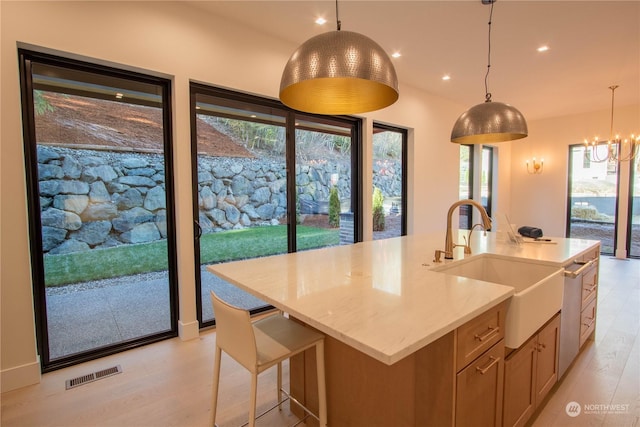 kitchen with pendant lighting, sink, an island with sink, and light hardwood / wood-style flooring