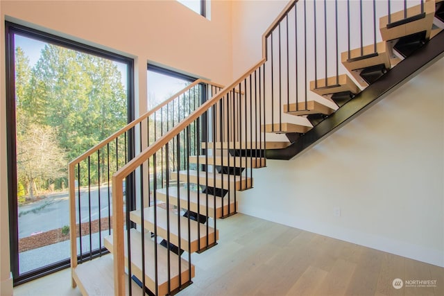 stairway featuring wood-type flooring