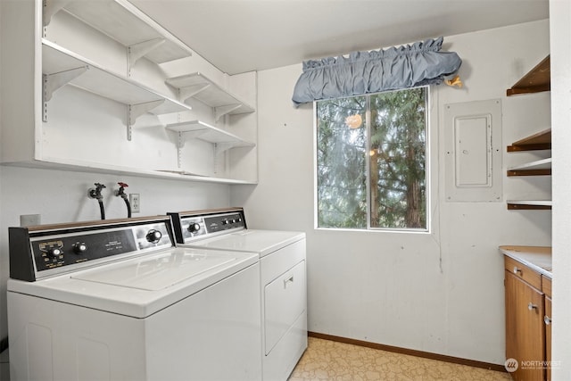 laundry room featuring electric panel and washing machine and clothes dryer