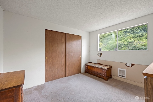 bedroom featuring light colored carpet, a textured ceiling, and a closet