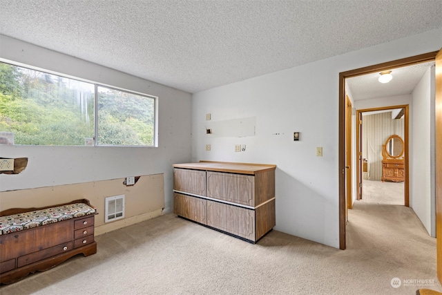 carpeted bedroom with a textured ceiling