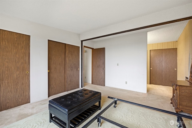 bedroom featuring light colored carpet and a textured ceiling