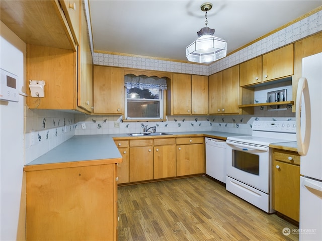 kitchen featuring sink, hardwood / wood-style floors, pendant lighting, white appliances, and decorative backsplash