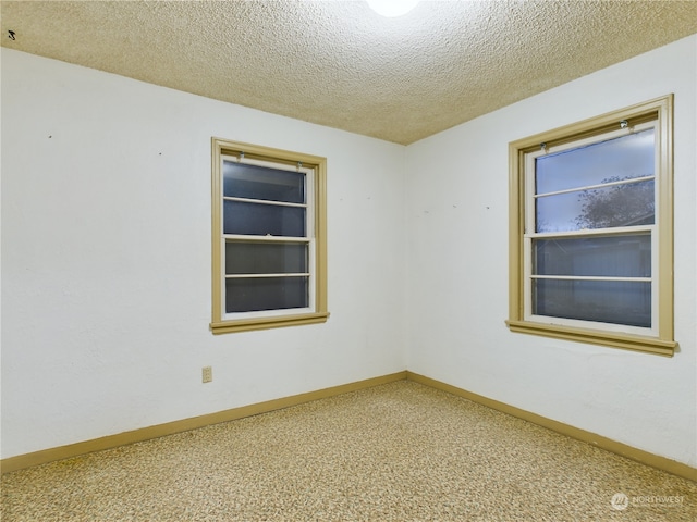 carpeted empty room with built in features and a textured ceiling