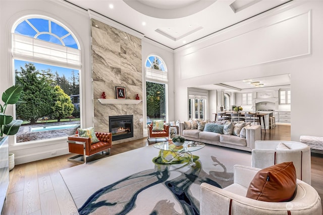 living room with a high end fireplace, a towering ceiling, light hardwood / wood-style floors, and ornamental molding