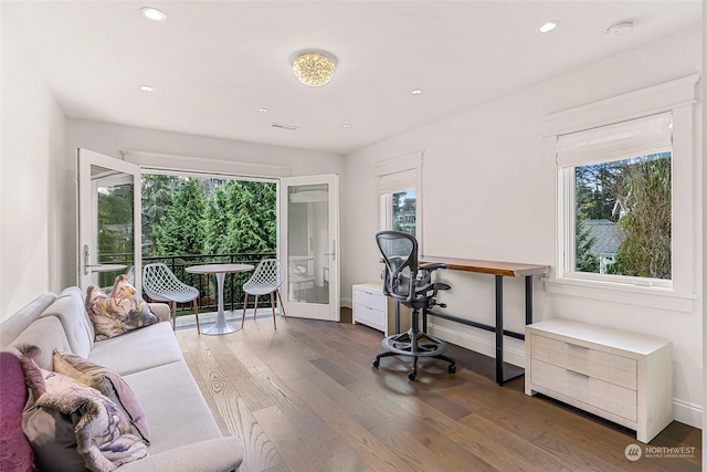 home office featuring dark wood-type flooring